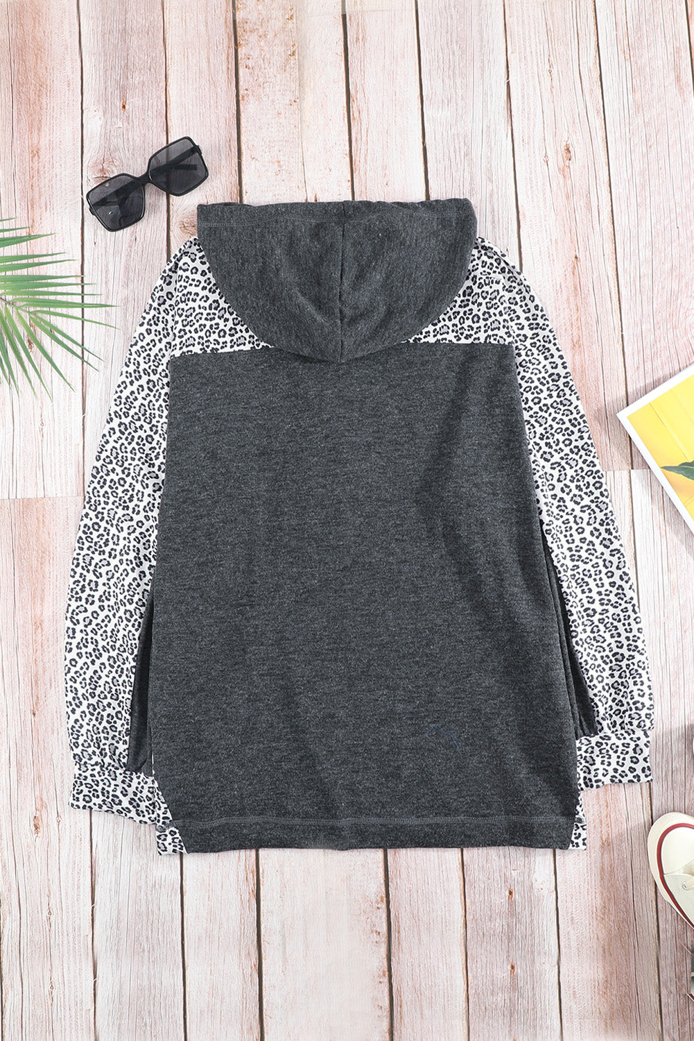 Gray Cheetah Print Drawstring Pullover Hoodie for Women