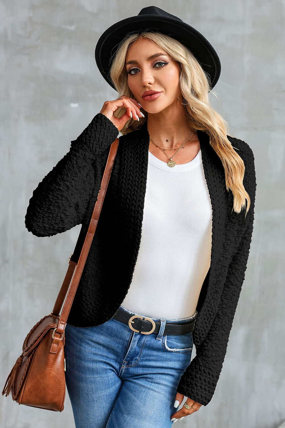 Gray Popcorn Knit Open Front Cardigan