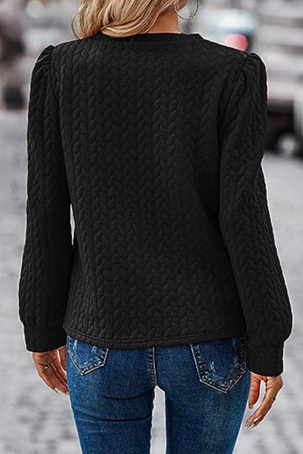 Black Waffle Quilted Puff Sleeve Sweatshirt