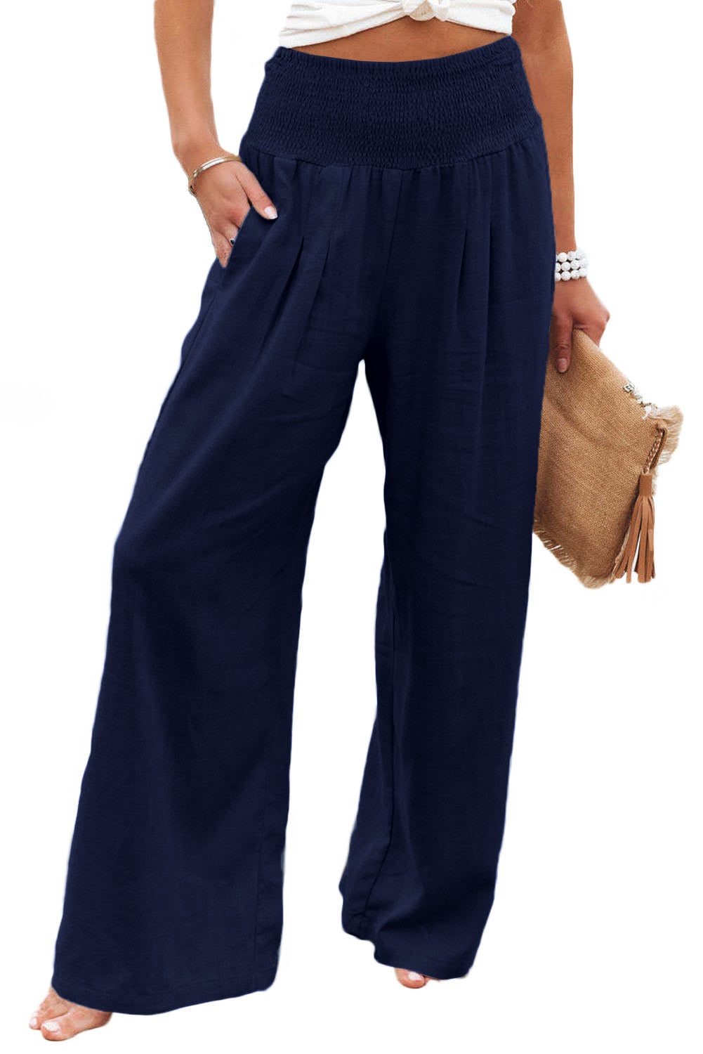 Gray Smocked Wide Waistband High Waist Wide Leg Pants