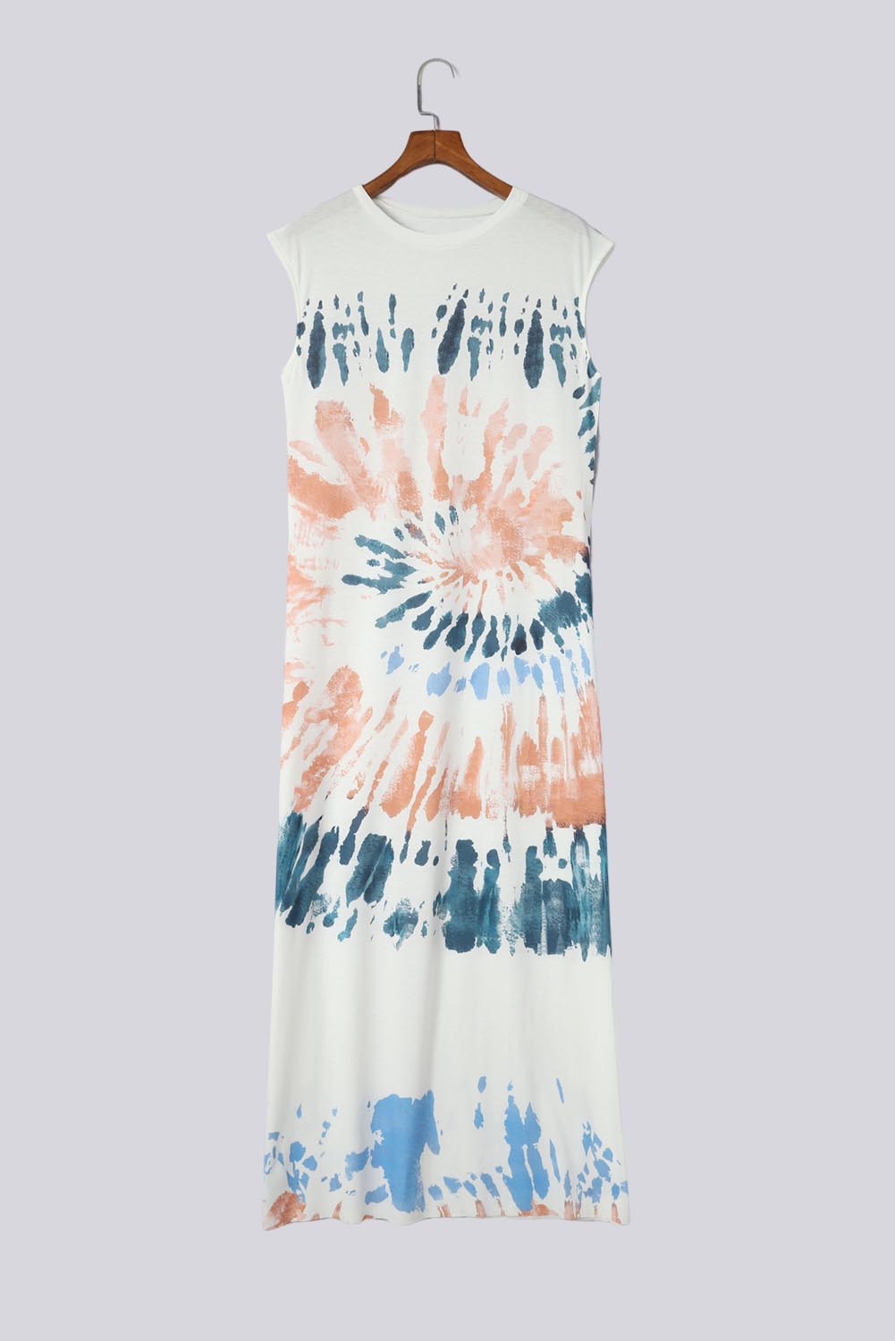 White Tie Dye Sleeveless Long Slit Dress