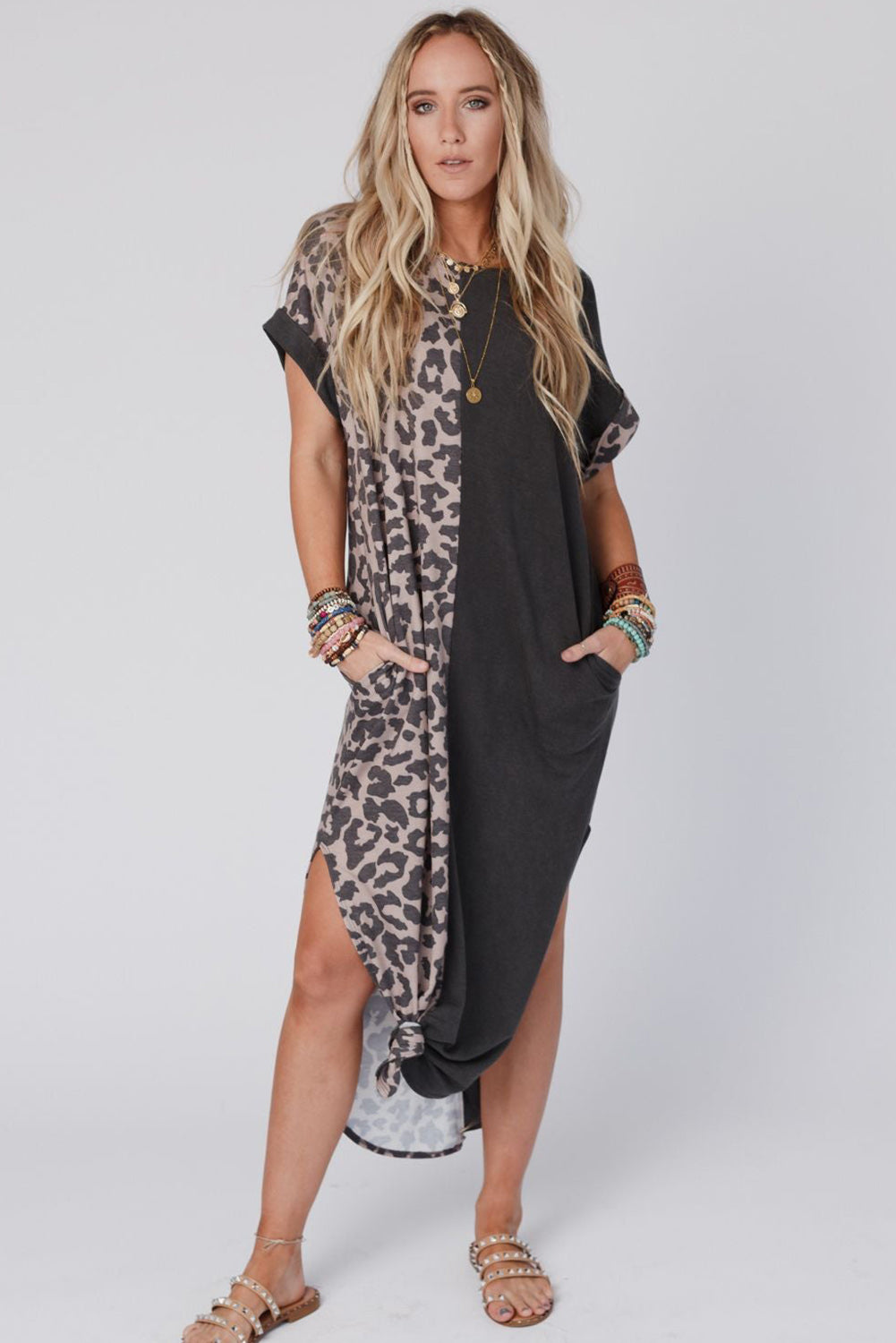 Grey Leopard Print Short Sleeve Side Slits Pocket Dress