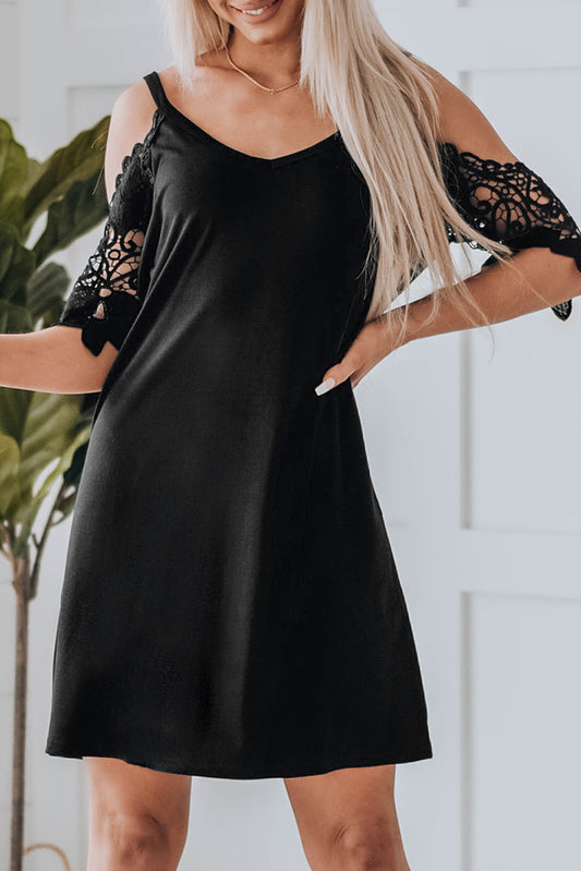 Black Casual Lace Splicing Cold Shoulder Short Dress