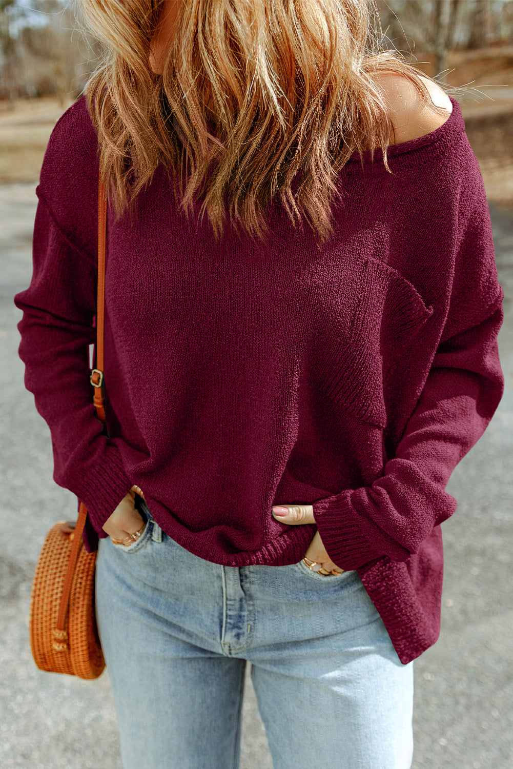 Red Solid Color Drop Shoulder Knitted Pullover Sweater