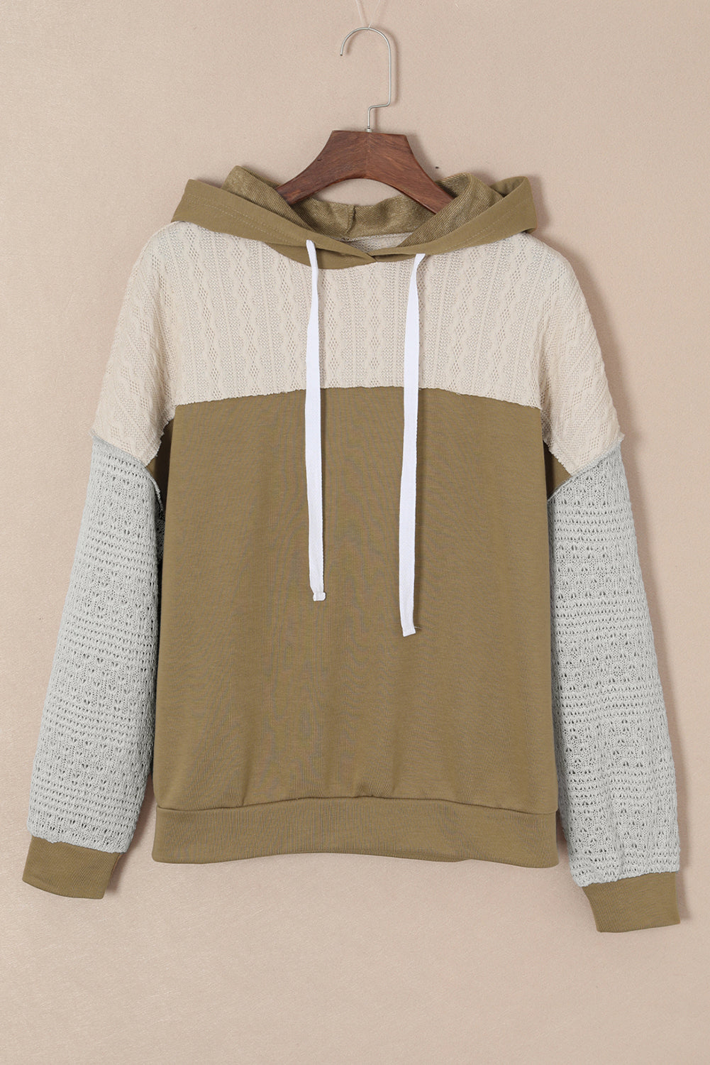 Brown Color Block Exposed Seam Crochet Sleeve Pullover Hoodie