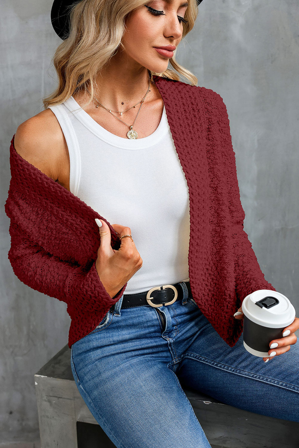 Gray Popcorn Knit Open Front Cardigan