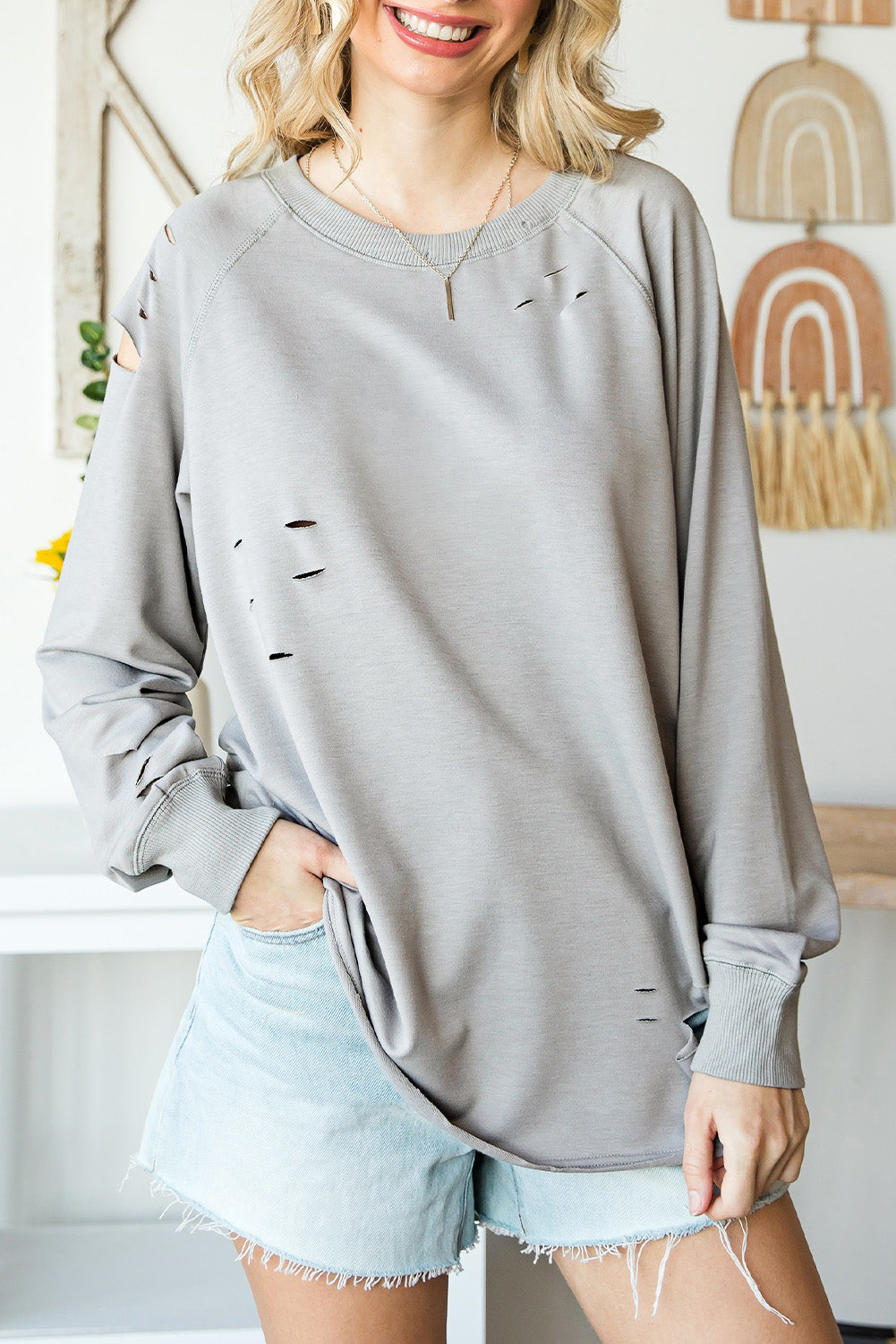 Grey Raglan Sleeve Distressed Sweatshirt