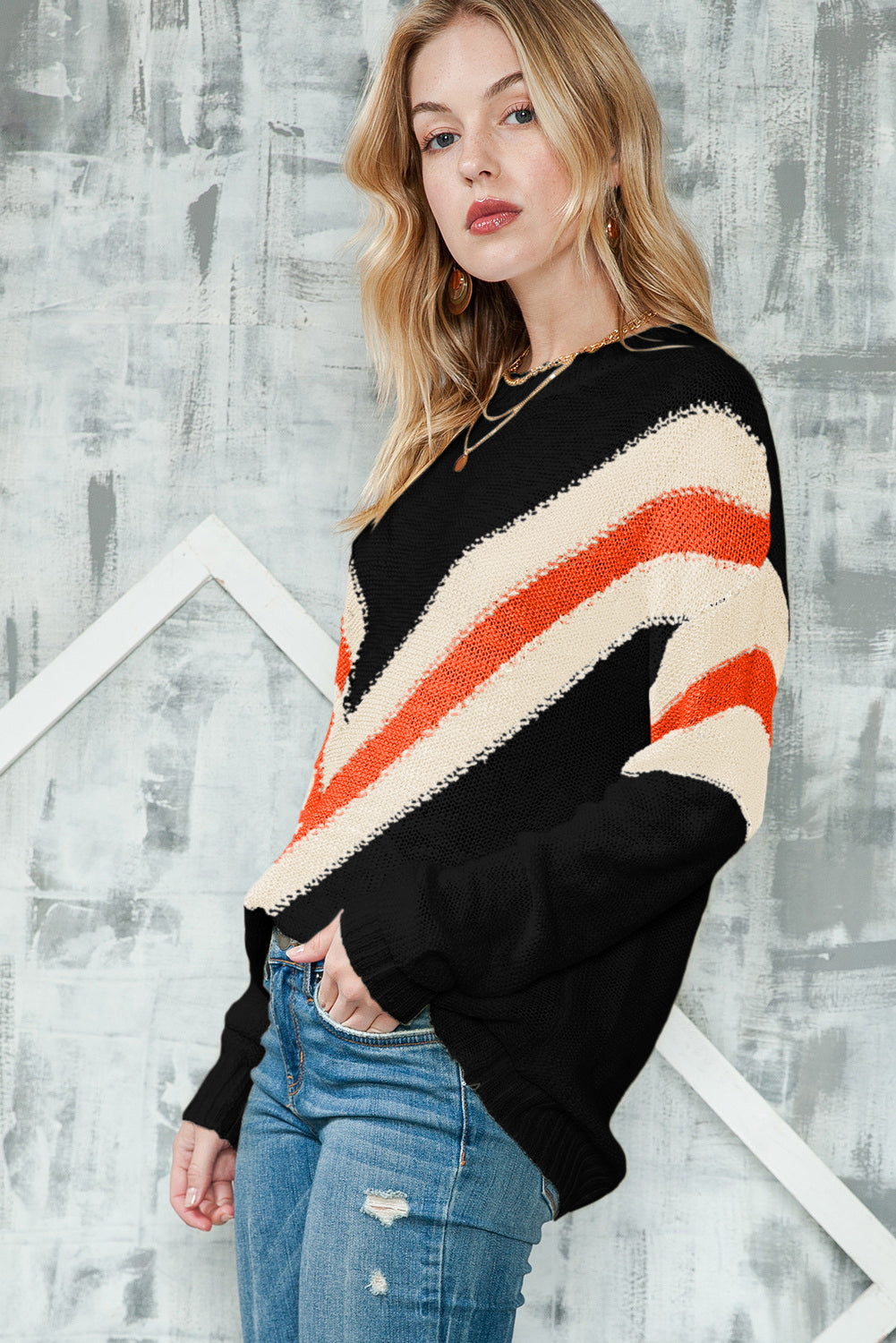 Chevron Striped Drop Shoulder Long Sleeve Pullover Sweater