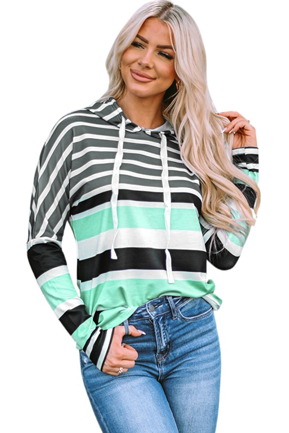 Multicolor Striped Drawstring Pullover Hoodie