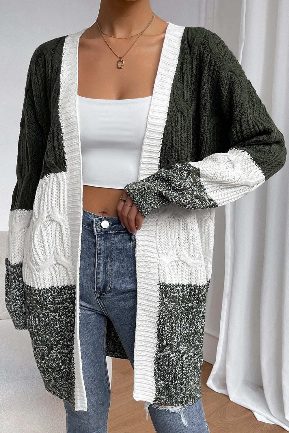 Multicolour Colorblock Textured Cable Knit Open Front Cardigan