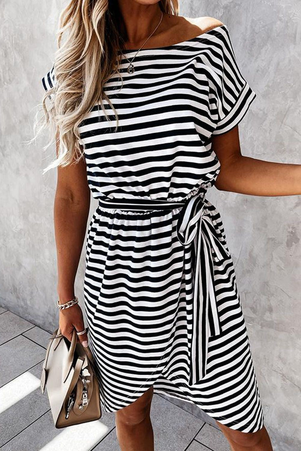 Khaki Stripe Belted Wrapped Hemline T-Shirt Dress