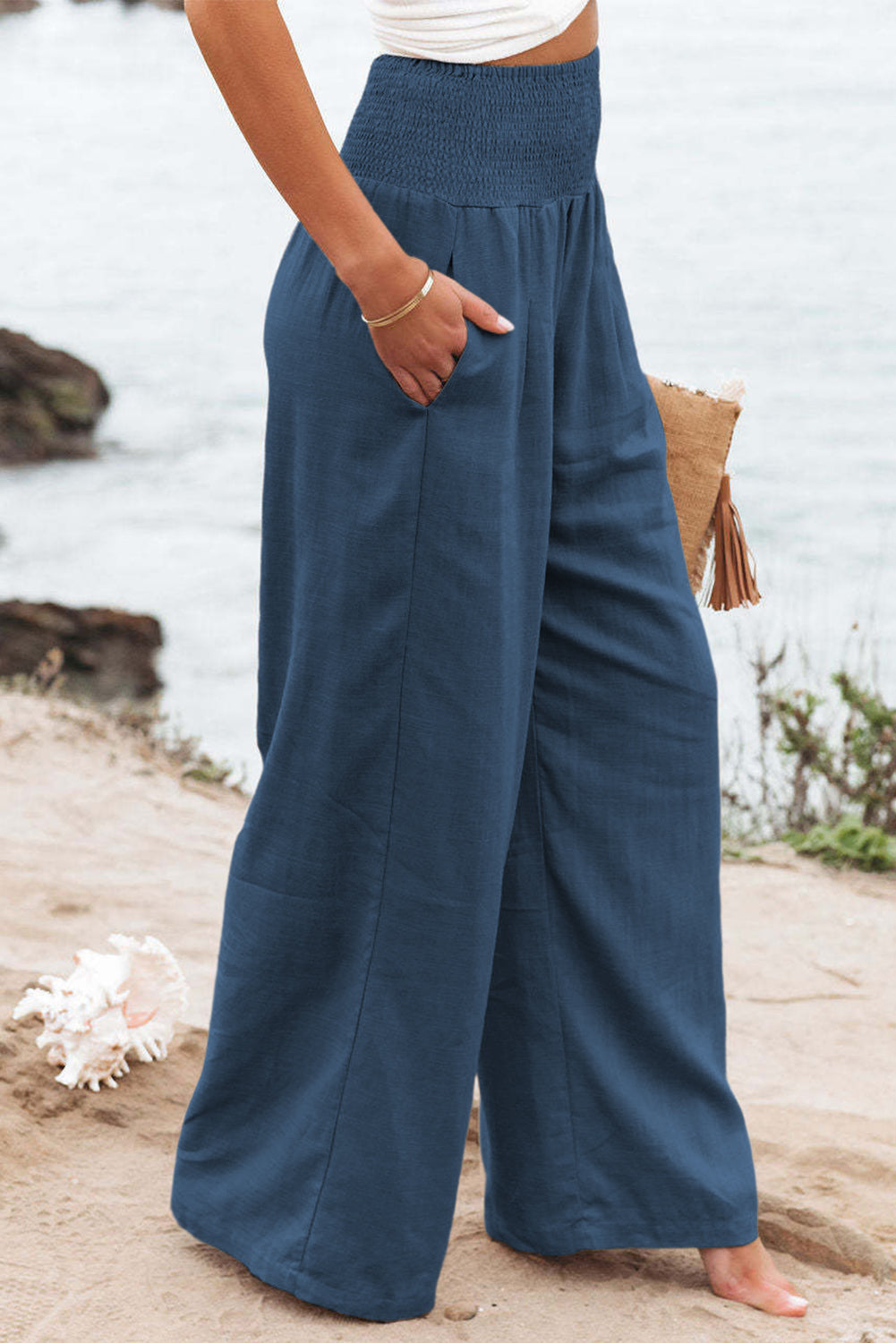 Gray Smocked Wide Waistband High Waist Wide Leg Pants