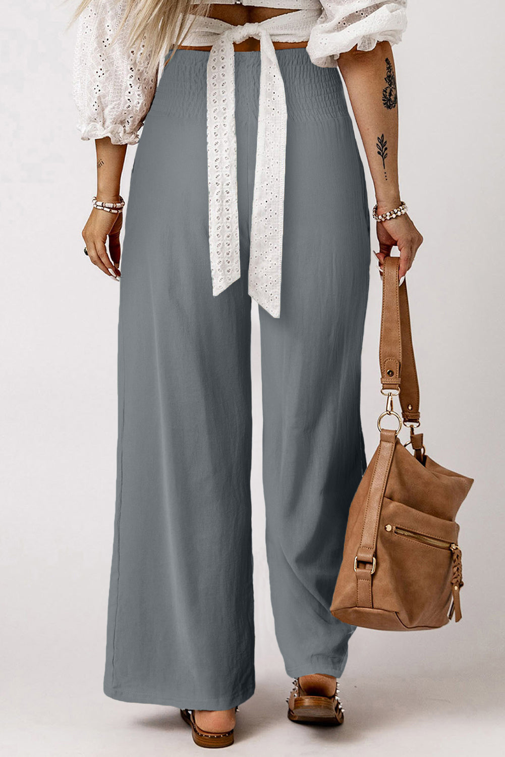 Gray Smocked Wide Waistband High Waist Wide Leg Pants