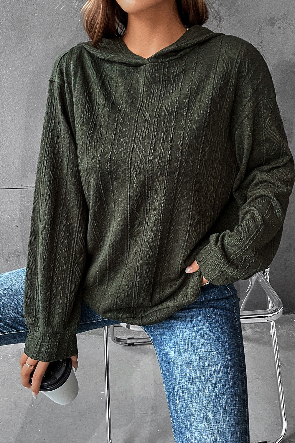 Duffel Green Casual Ribbed Knit Hooded Sweatshirt