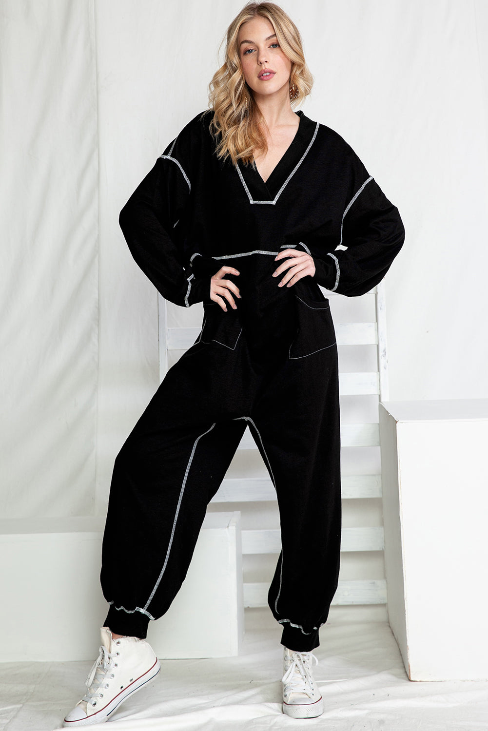 Black Exposed Seam Oversized Drop Waist Jumpsuit