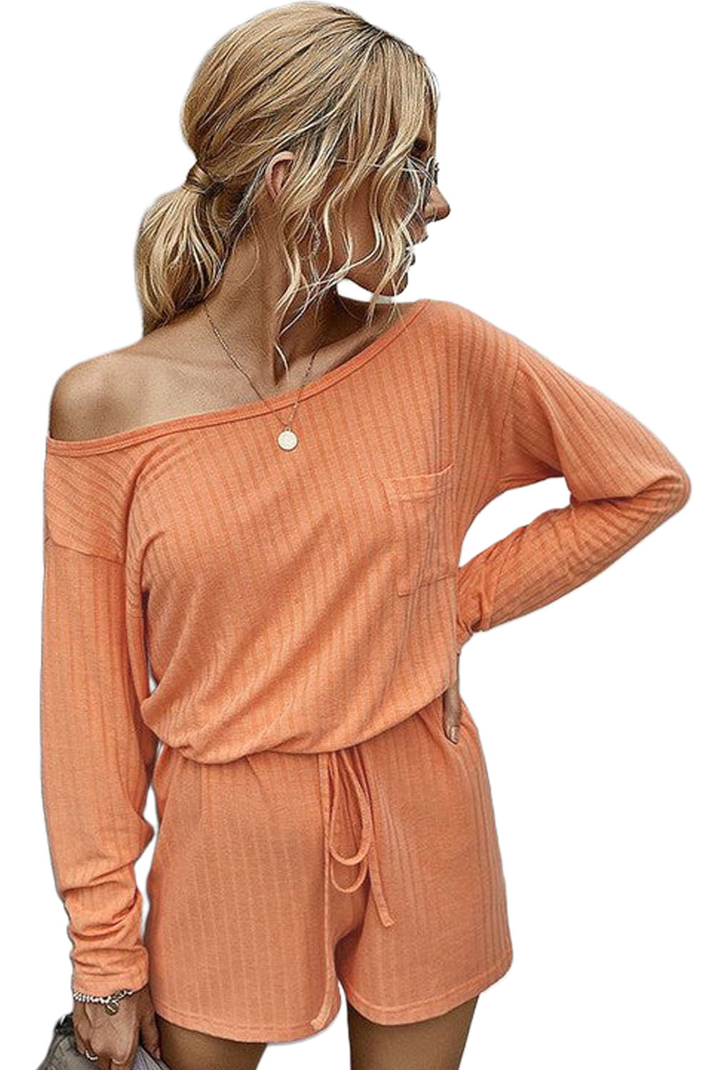 Orange Ribbed Drawstring Waist Long Sleeve Romper