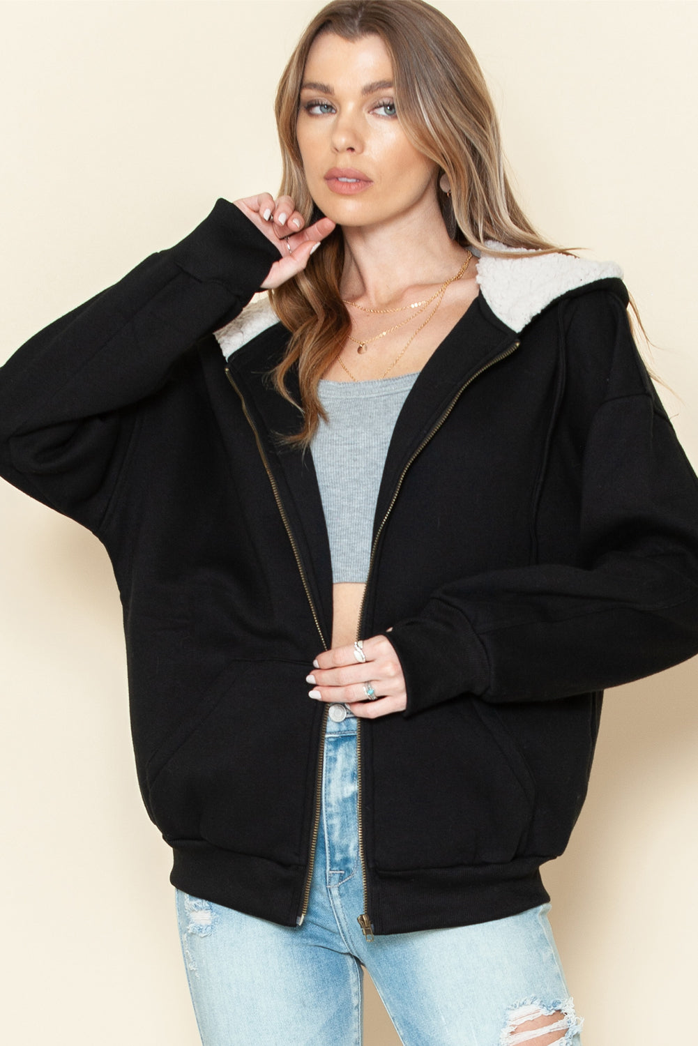 Black Sherpa Hooded Athleisure Zip Up Sweatshirt