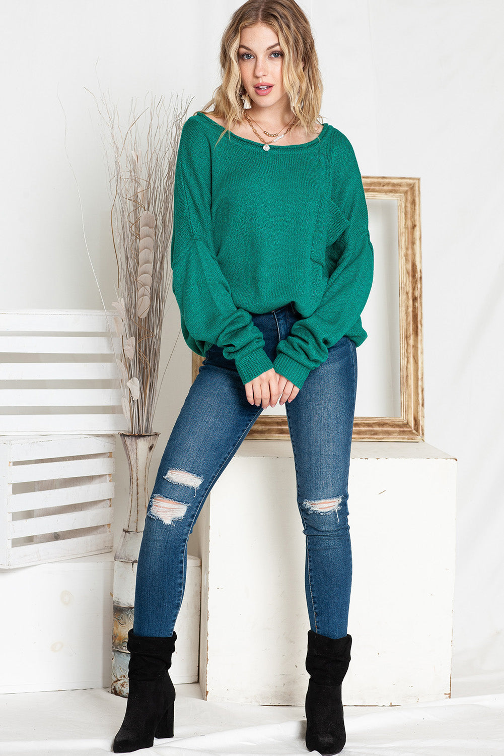 Red Solid Color Drop Shoulder Knitted Pullover Sweater