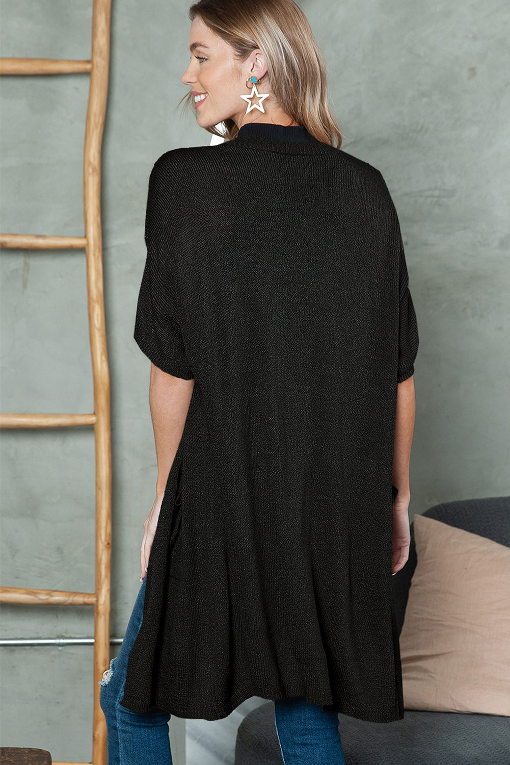 Black Dolman Half Sleeve Pocketed Long Cardigan