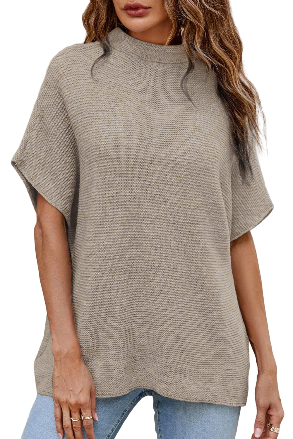 Apricot Mock Neck Short Batwing Sleeve Sweater