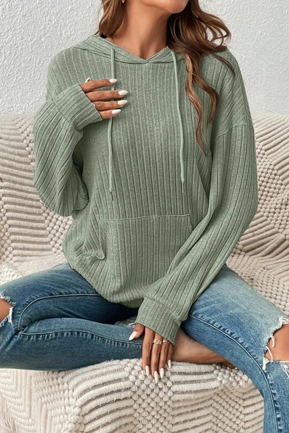 Green Pocket Wrinkle Drawstring Hooded Sweatshirt