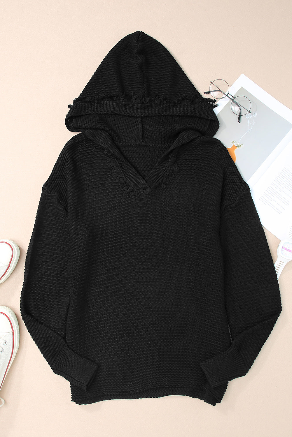 Black Split V Neck Pullover Knit Sweater Hoodie