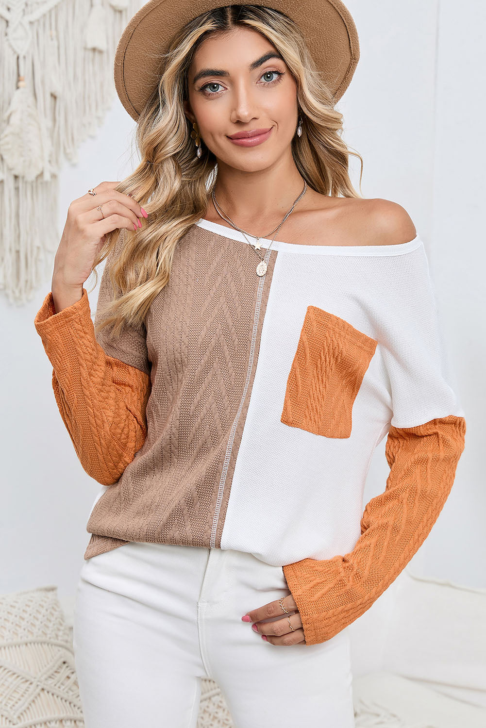 Peach Blossom Long Sleeve Patchwork Pocket Textured Knit Top