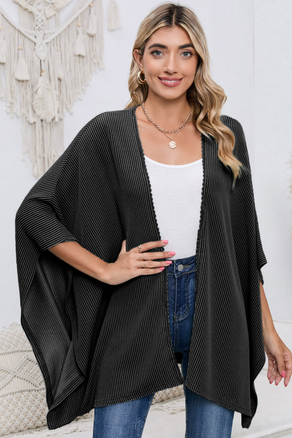 Apricot Textured Lace Trim Open Front Kimono Cardigan