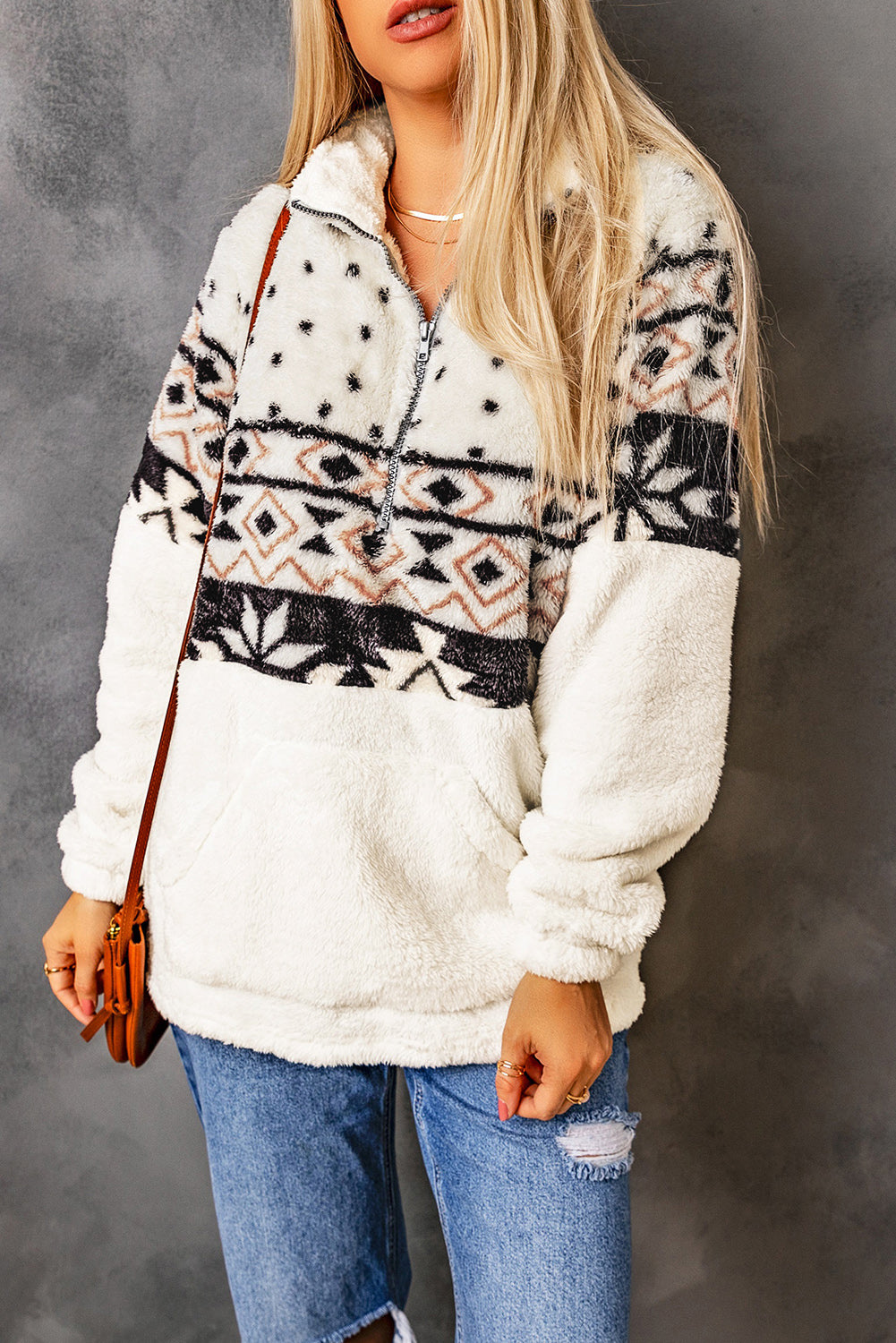 White Geometric Print Zip Neck Pocket Fluffy Fleece Sweatshirt