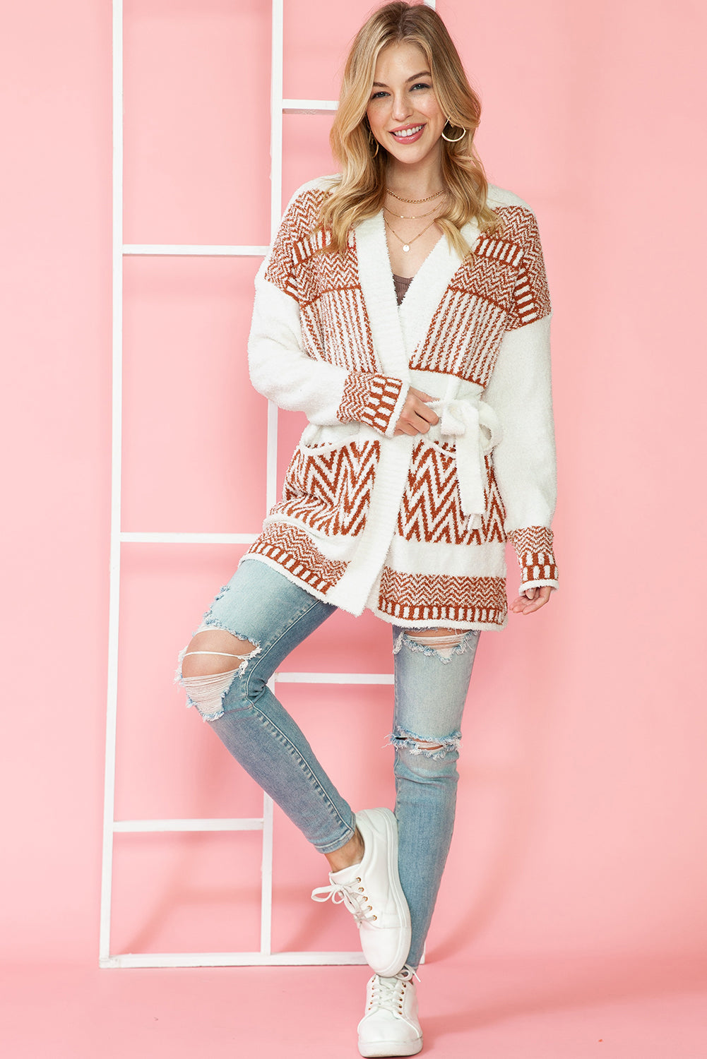 White Geometric Print V Neck Belted Cardigan