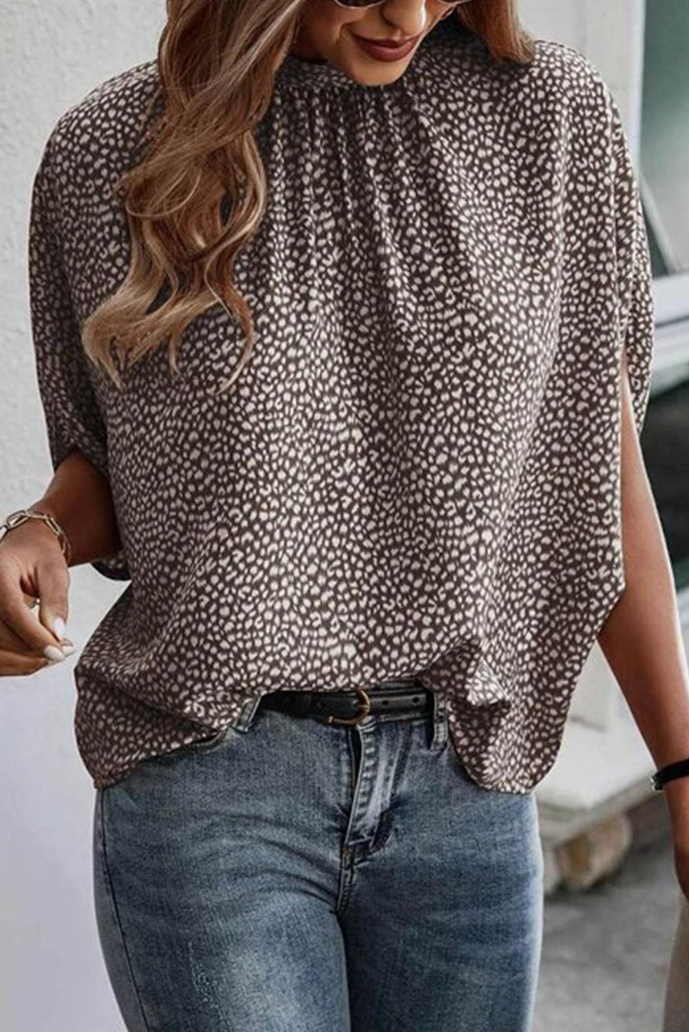 Leopard Dotty Print Knotted Dolman Sleeve Mock Neck Blouse