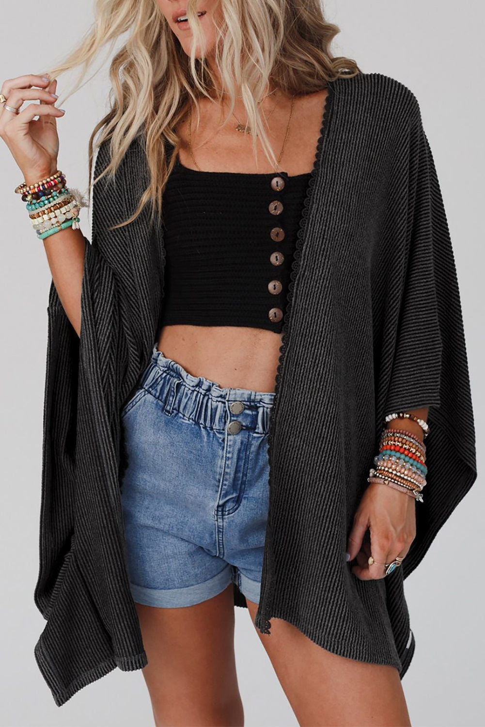 Apricot Textured Lace Trim Open Front Kimono Cardigan