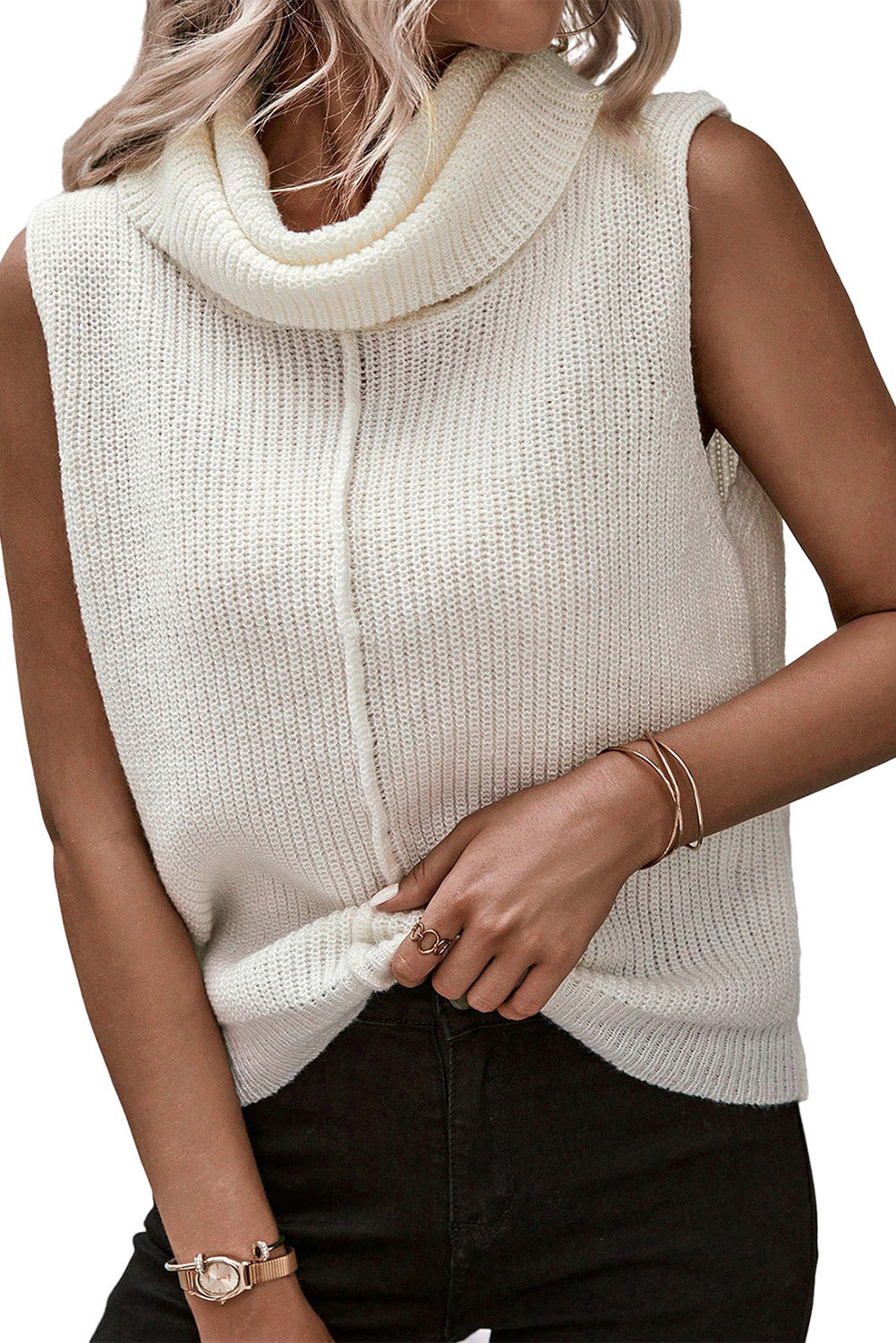 White Center Seam Cowl Neck Sleeveless Sweater