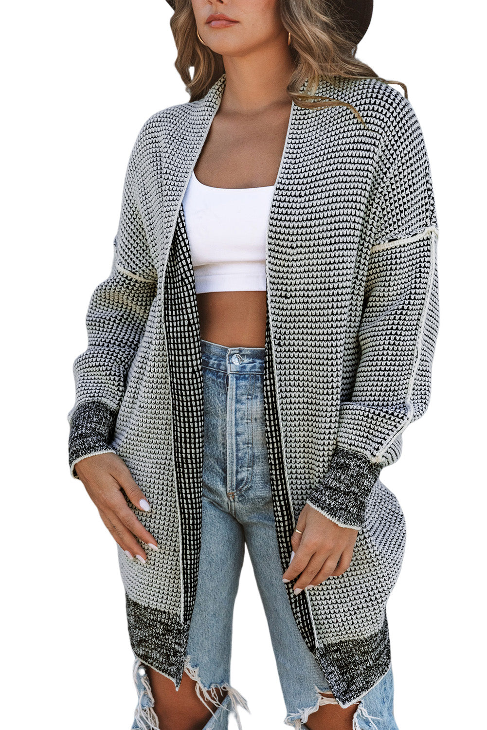 Black Plaid Casual Contrast Trim Knit Cardigan