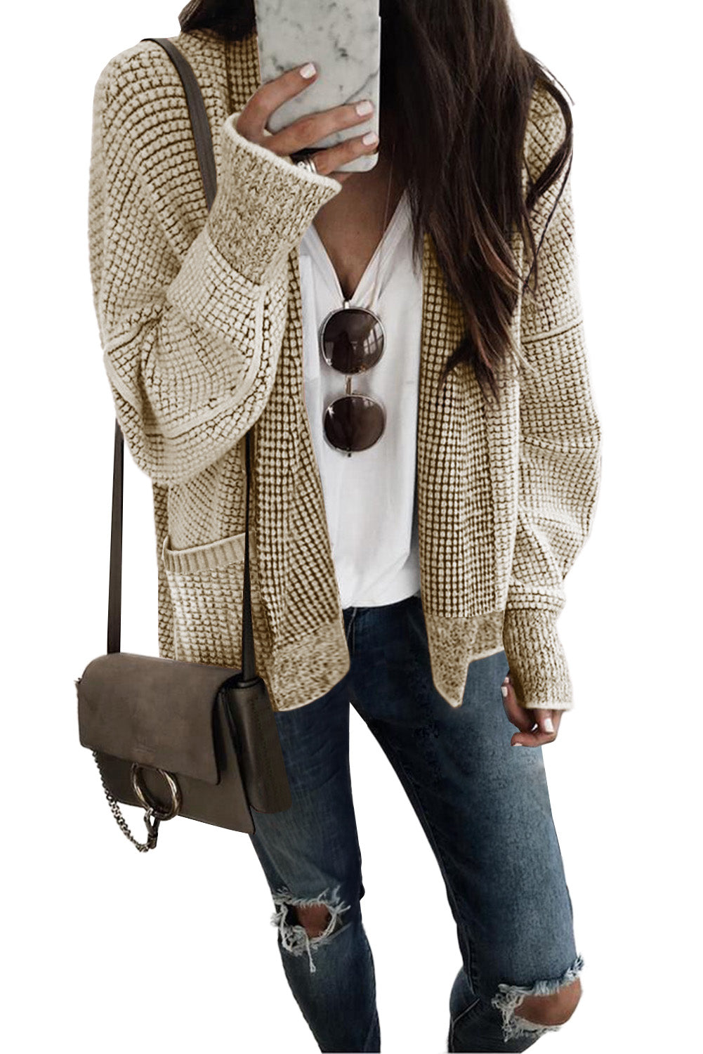 Black Chunky Knit Pockets Drop Sleeve Cardigan