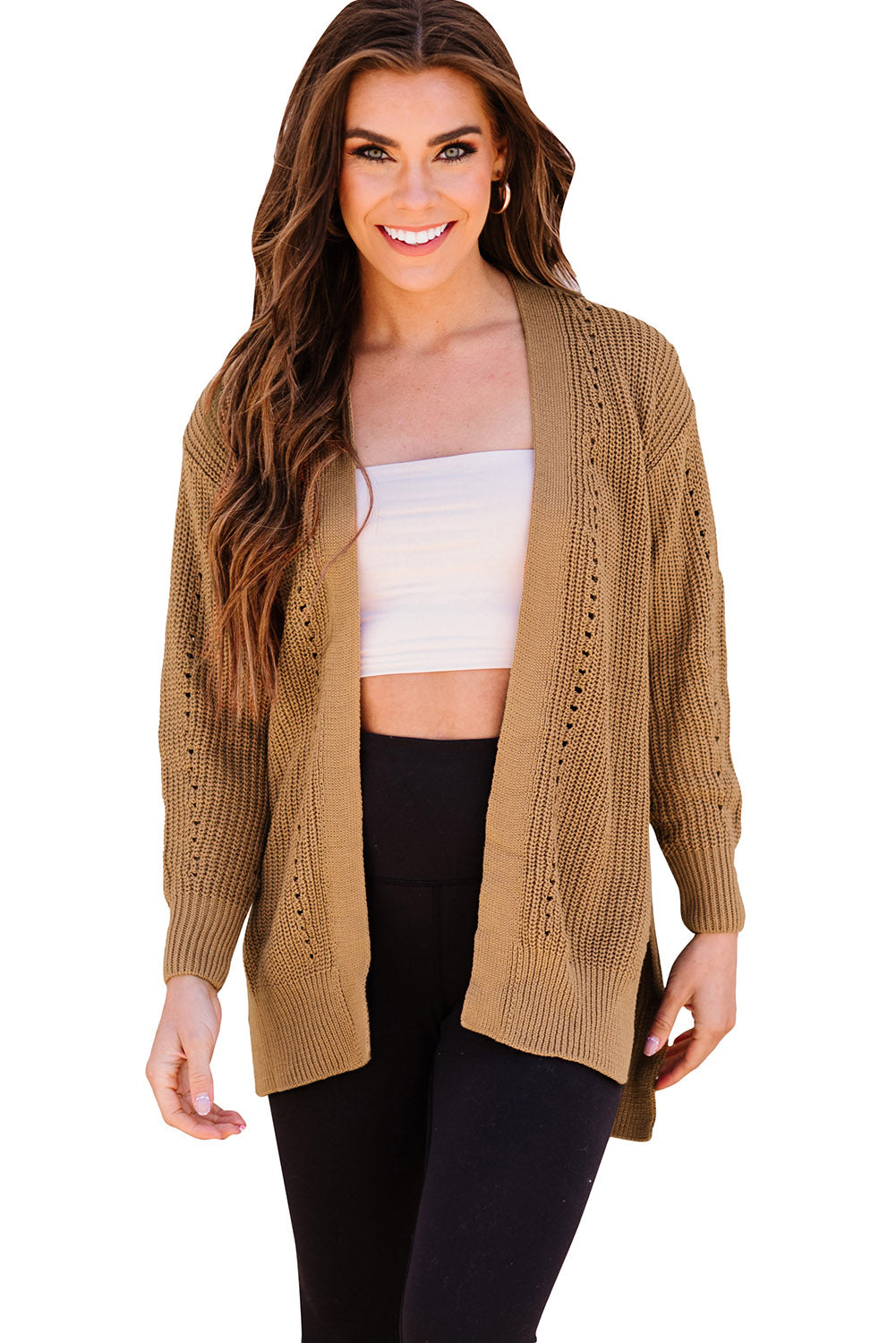 Khaki Fall Long Sleeve Long Cardigan Sweater