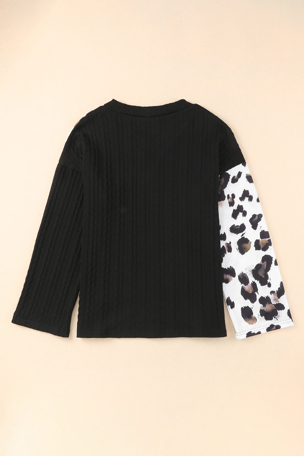 Black V Neck Leopard Colorblock Patchwork Long Sleeve Top