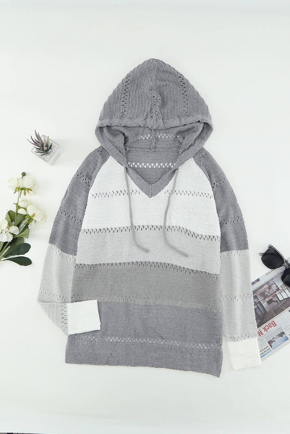 Grey Colorblock Casual Cutout Knit Hoodie Sweater