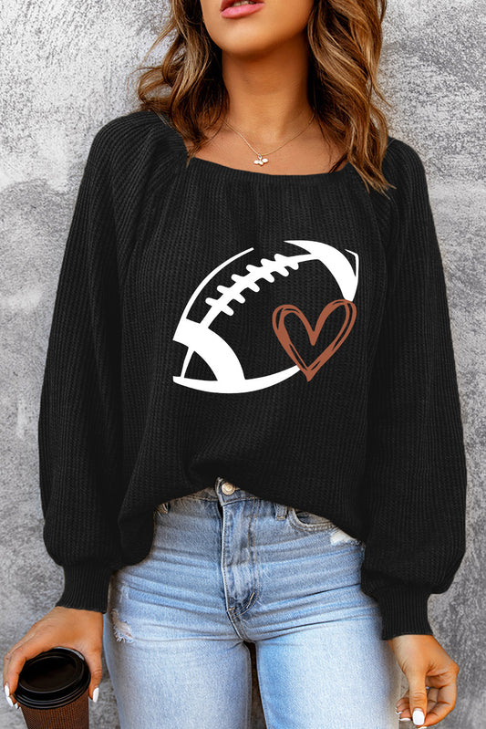 Black Rugby Print Square Neck Puff Sleeve Waffle Graphic Top