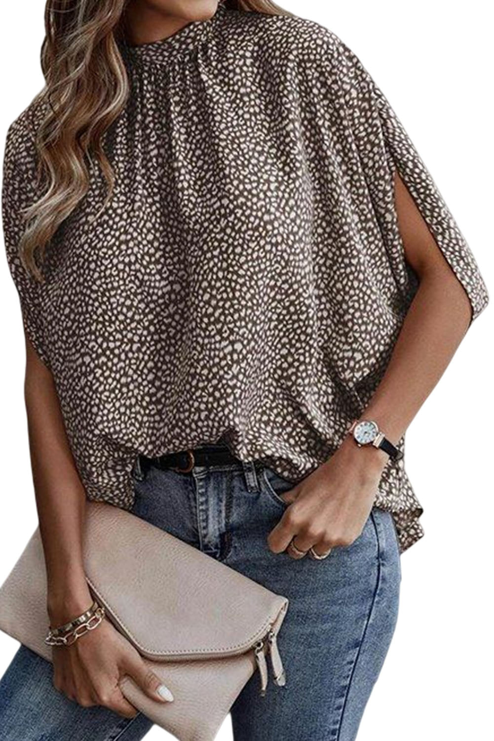 Leopard Dotty Print Knotted Dolman Sleeve Mock Neck Blouse