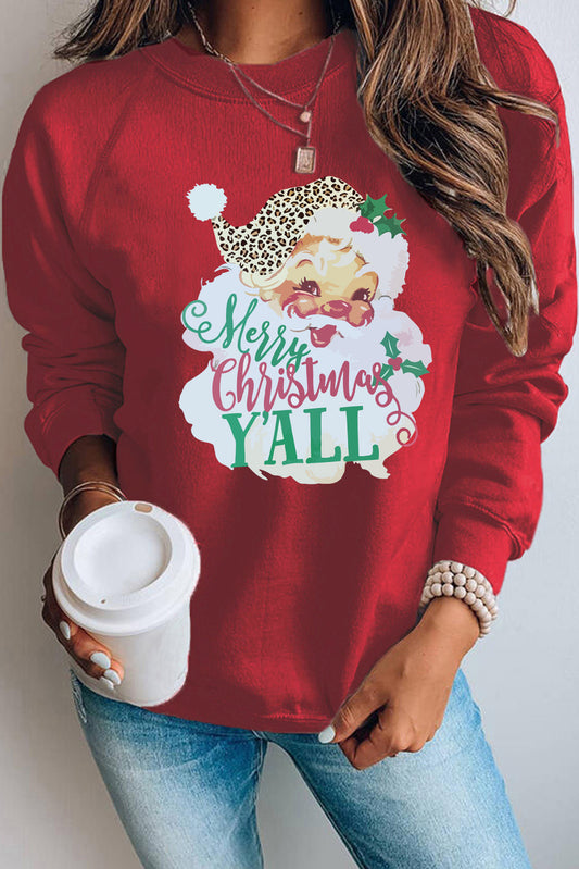 Red Merry Christmas Y’all Santa Claus Print Pullover Graphic Sweatshirt