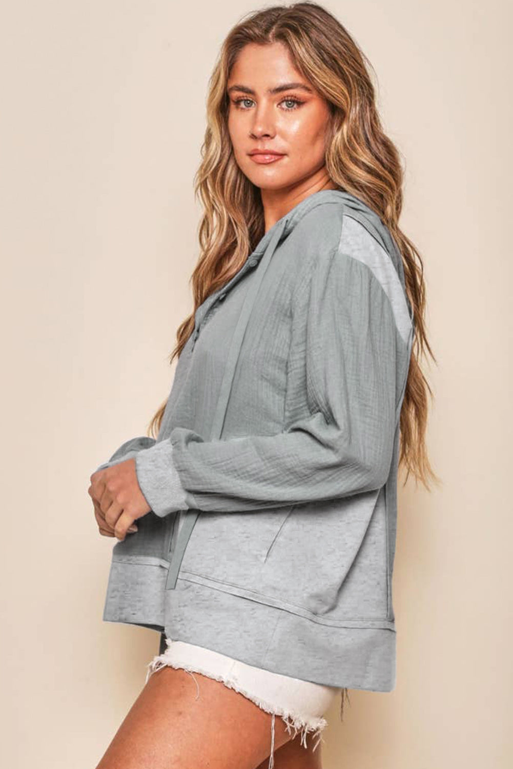 Grey Solid Color Buttoned Pullover Hoodie with Drawstring