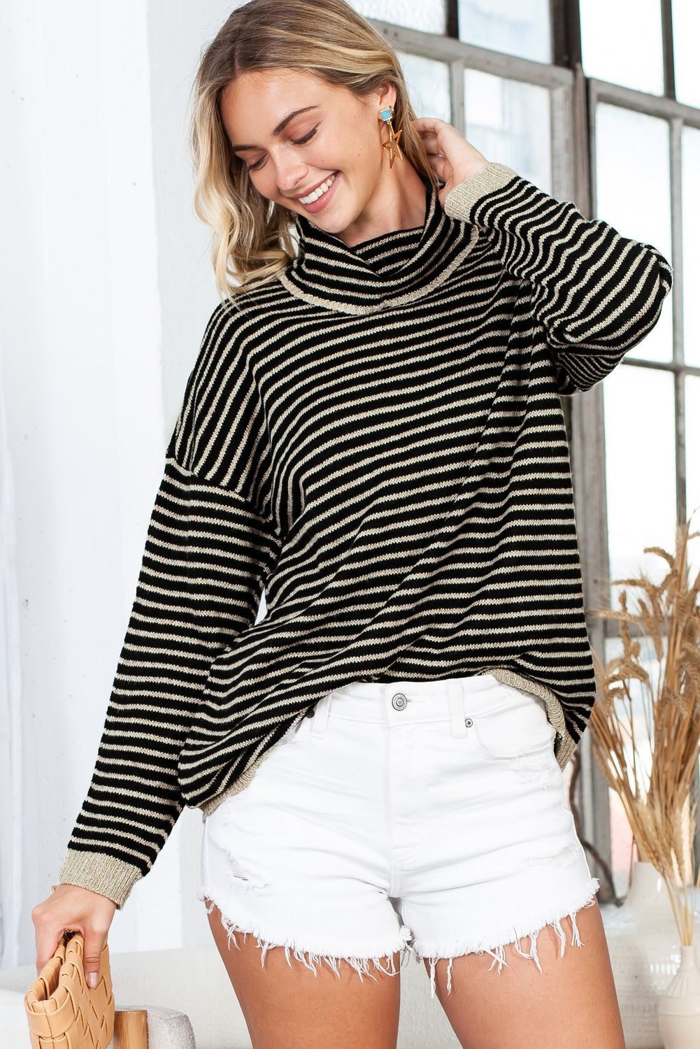 Khaki Striped Turtleneck Oversized Sweater