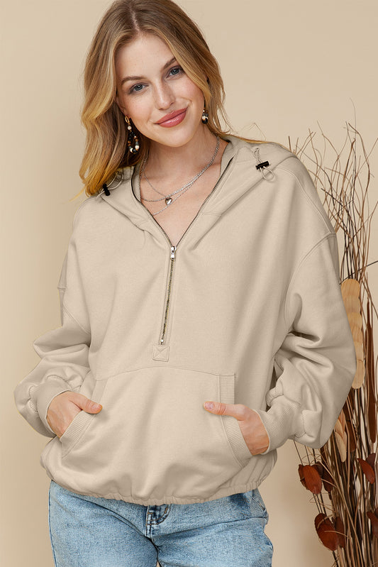 Gray Solid Color Half Zip Pullover Hoodie with Kangaroo Pocket