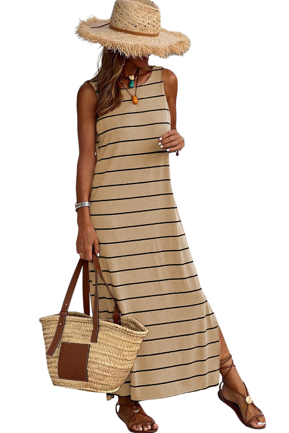 Grey Striped Backless Casual Side Slits Maxi Dress