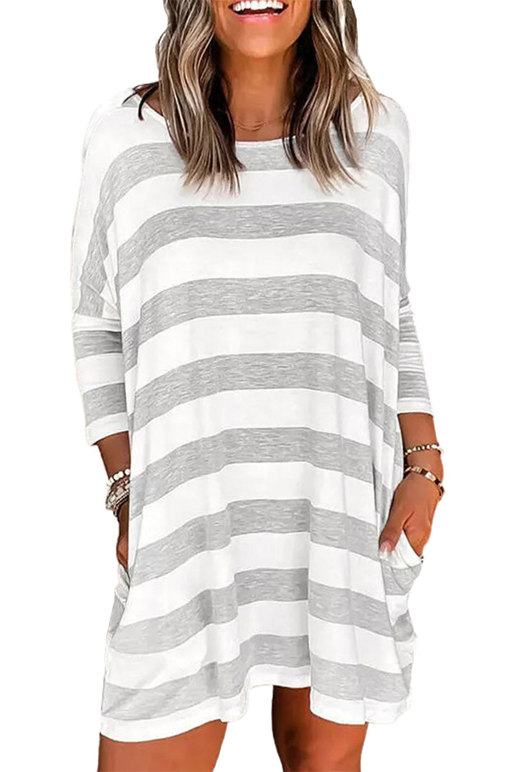 Grey Striped 3/4 Sleeve Casual Pocket Dress for Women