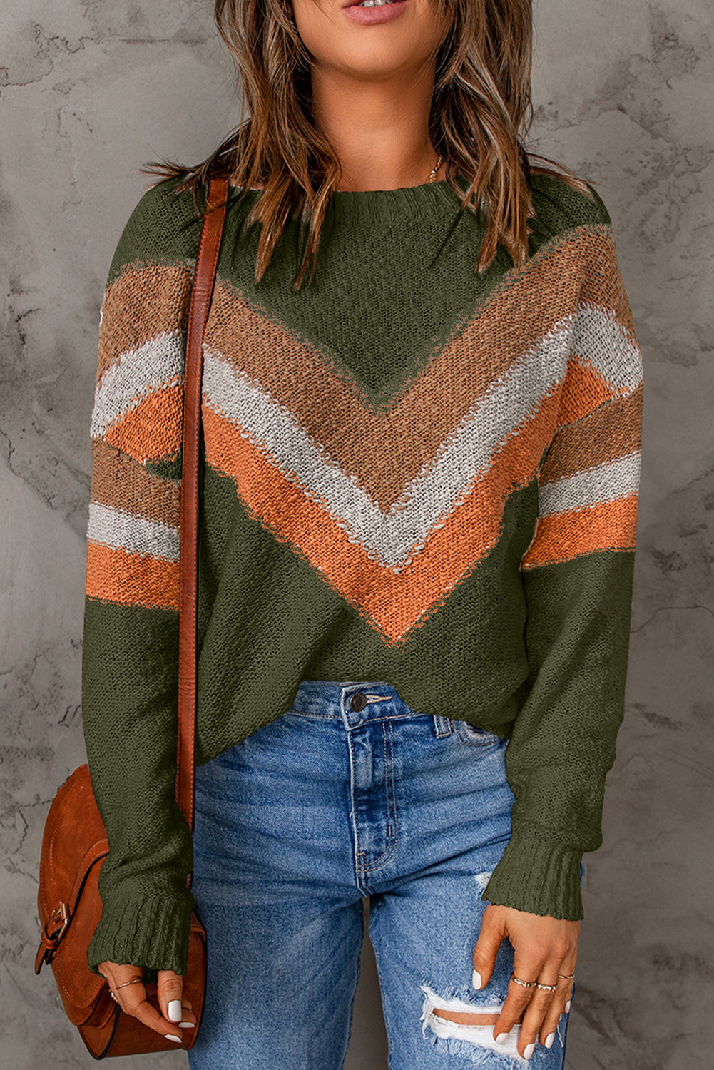 Chevron Striped Drop Shoulder Long Sleeve Pullover Sweater