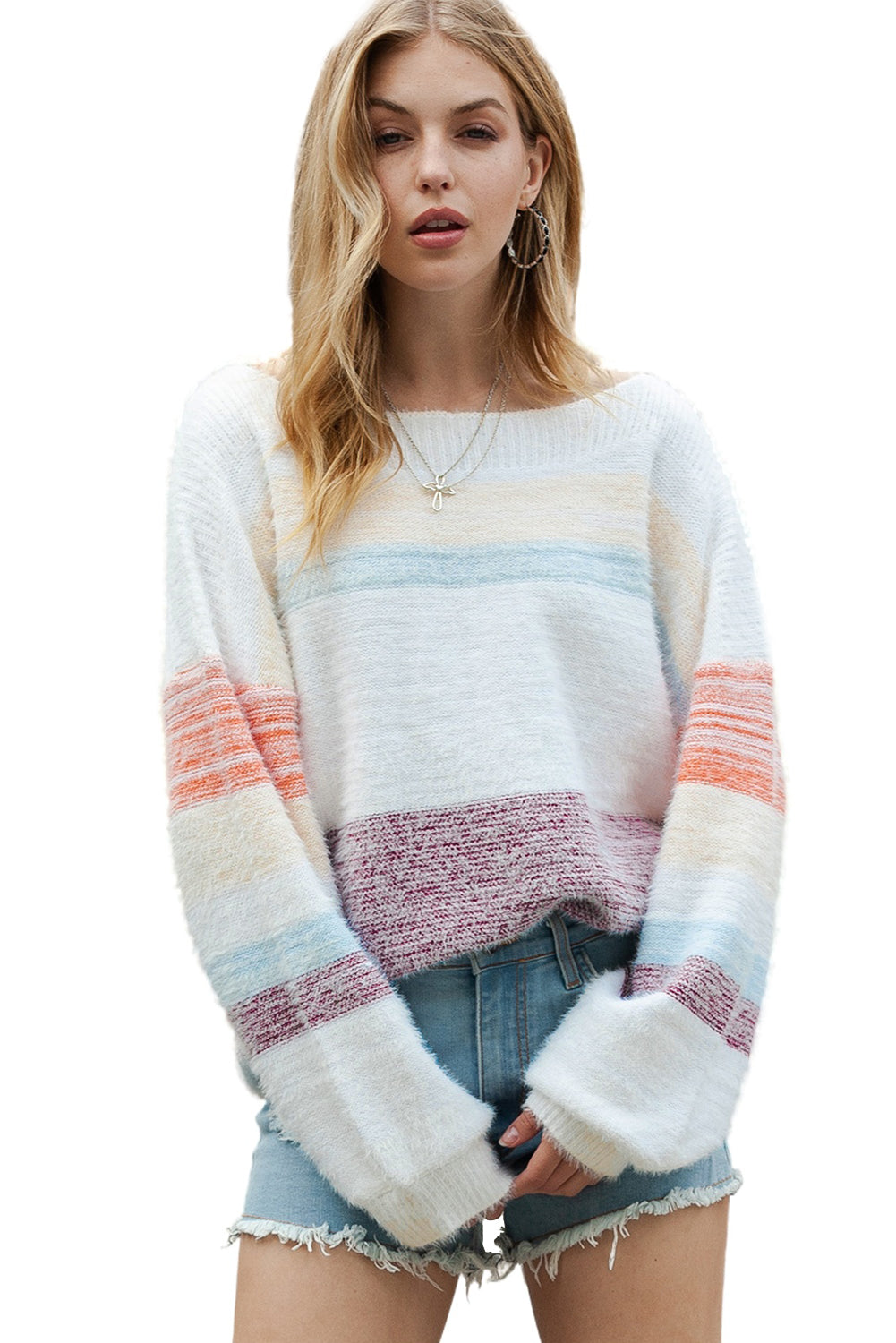 Multicolor Striped Drop Shoulder Fuzzy Sweater