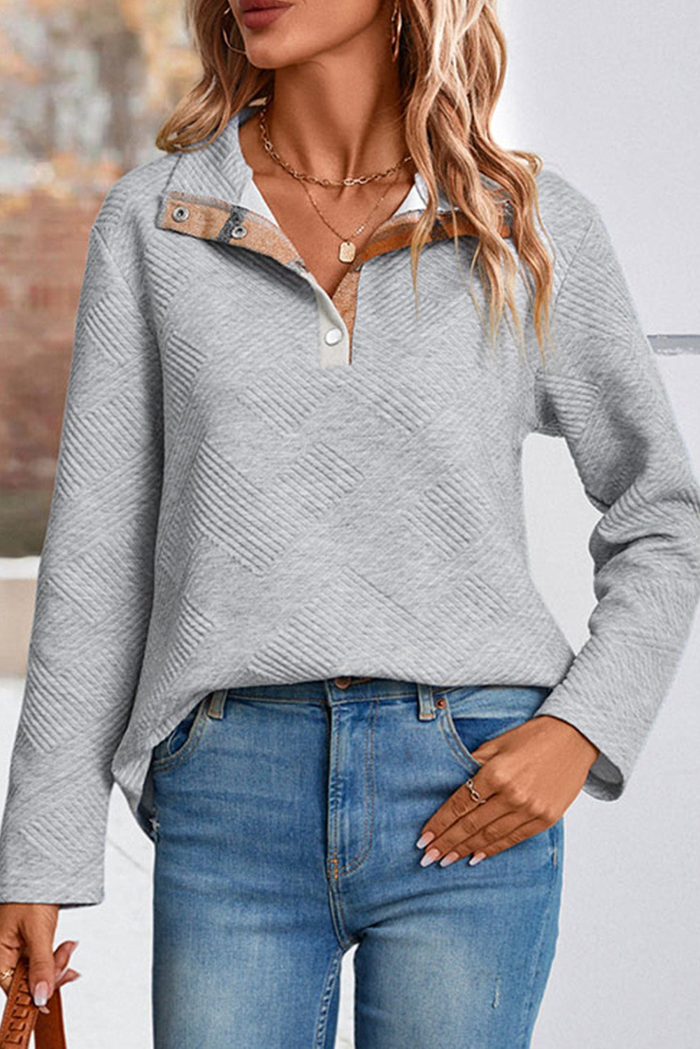 Grey Textured Plaid Patchwork Henley Sweatshirt