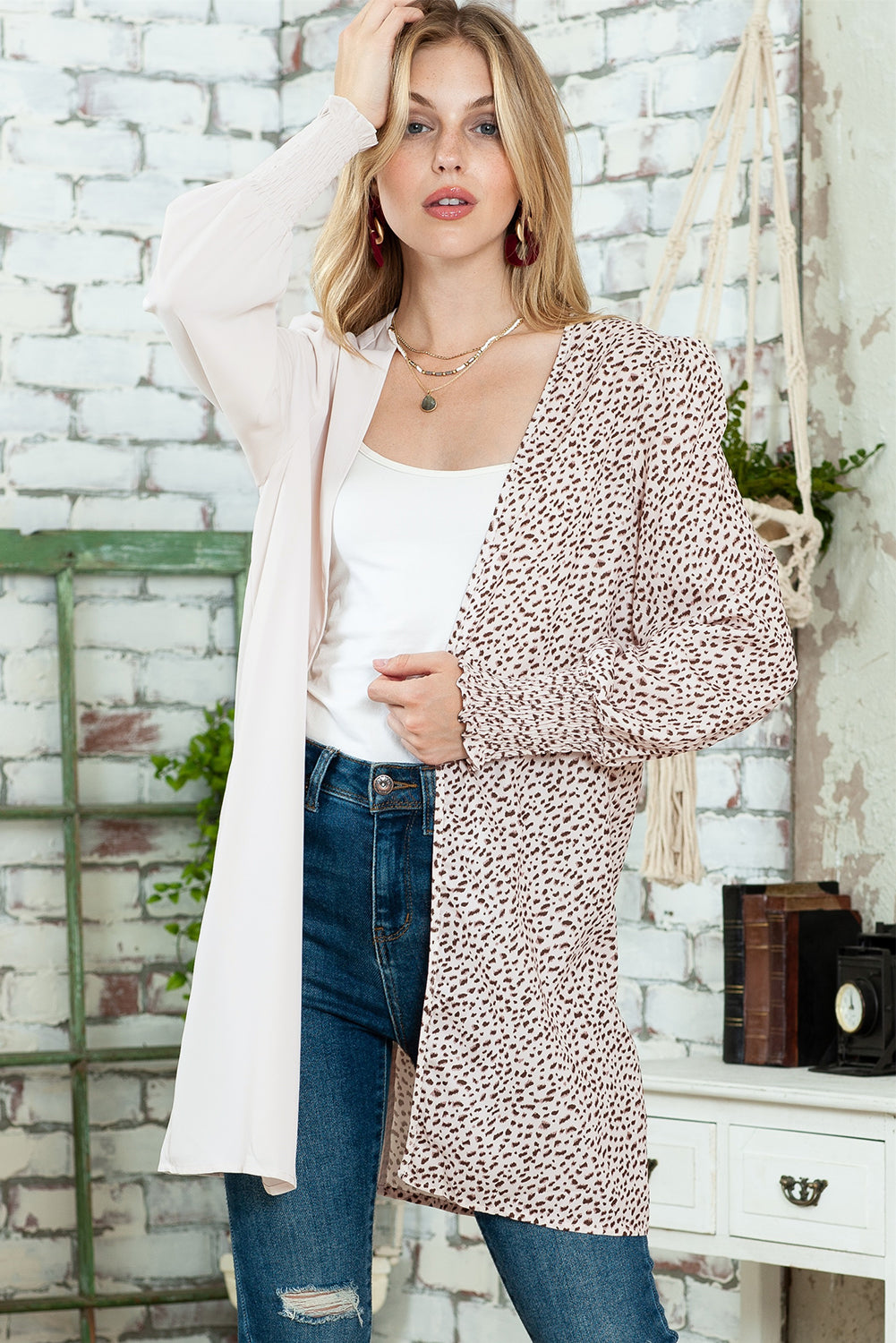 Khaki and Animal Print Color Block Bishop Sleeve Lightweight Cardigan